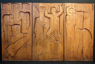 Triptych inspired by T. Shevchenko poetry Triptych inspired by T. Shevchenko poetry, Romanian beech, 3 pannels: 28x54x2.5 inches each, 1970 Не витерпів лихої долі (Fate) Поховайте та вставайте, Кайдани...